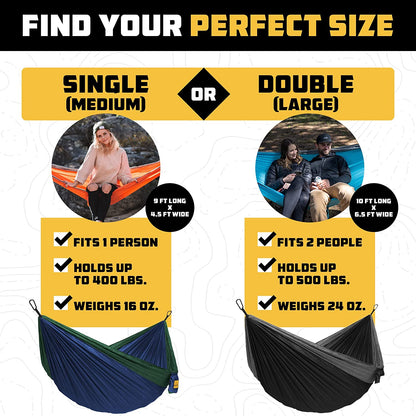 Portable Lightweight Single Hammock for Camping and Outdoor Adventures - Durable Parachute Nylon in Black and Grey