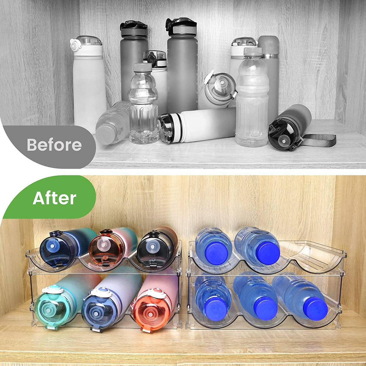 Cabinet Water Bottle Organizer - Set of 2 Stackable Storage Racks for Efficient Water Bottle Storage