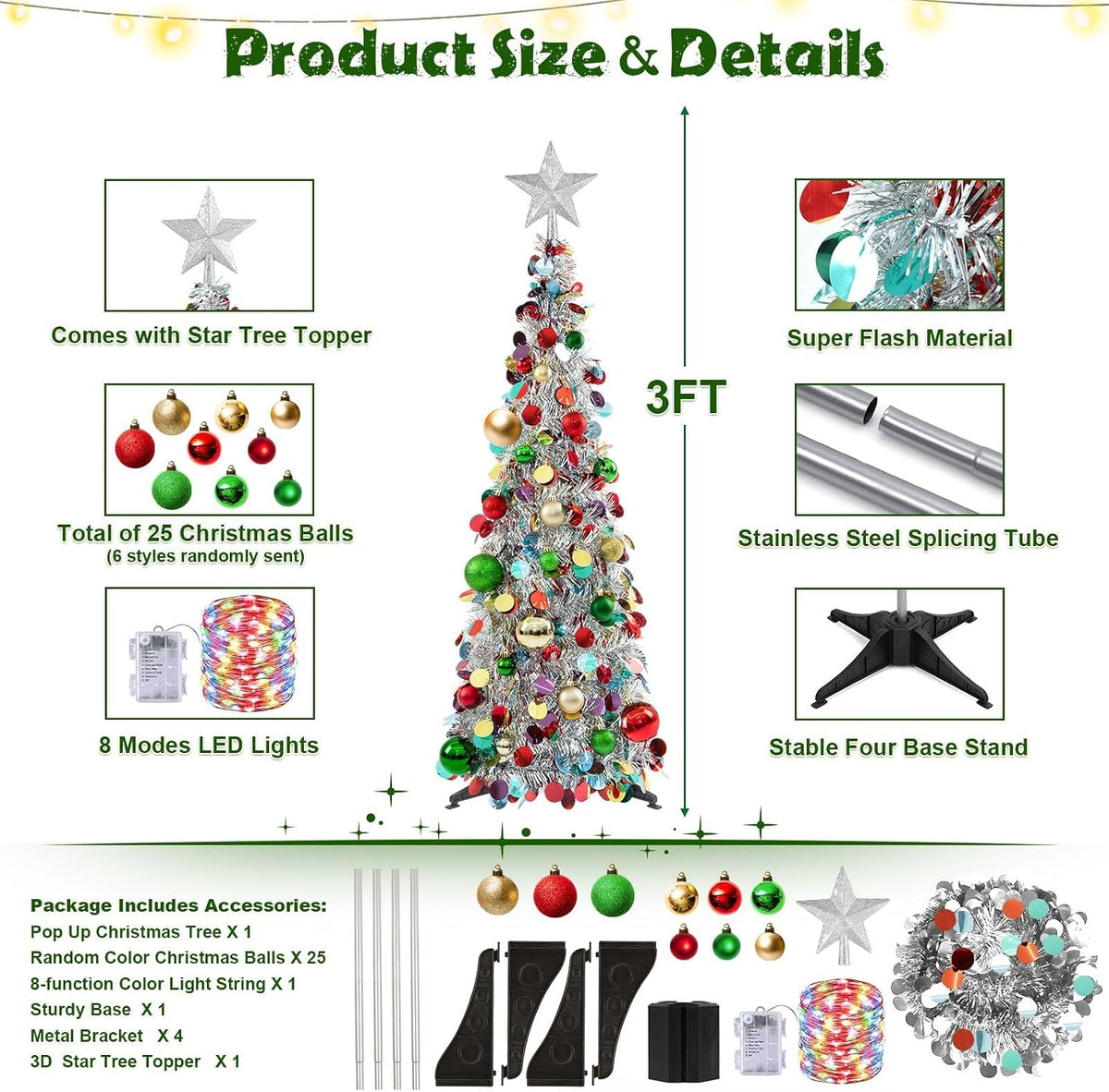 Pop up Christmas Tree with Lights & Ornaments, 3FT, Silver