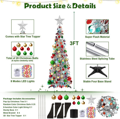 Pop up Christmas Tree with Lights & Ornaments, 3FT, Silver