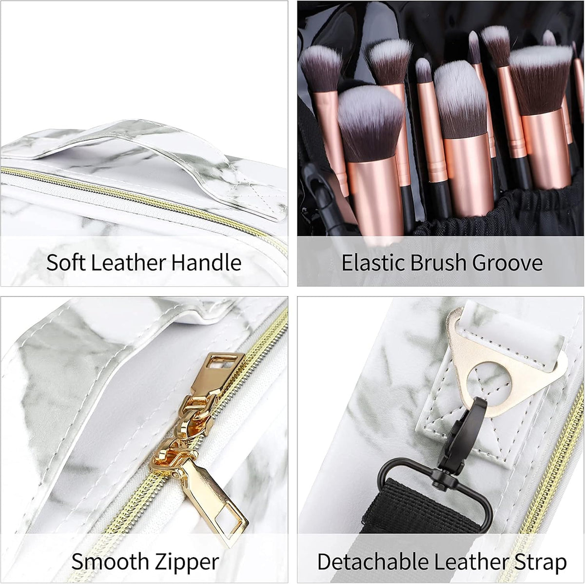 Travel Makeup Bag 10.4 Inches Portable Makeup Train Case Cosmetic Bag Organizer with Adjustable Dividers and Shoulder Strap for Cosmetics Brushes Toiletry Jewelry Digital Accessories (Marble)