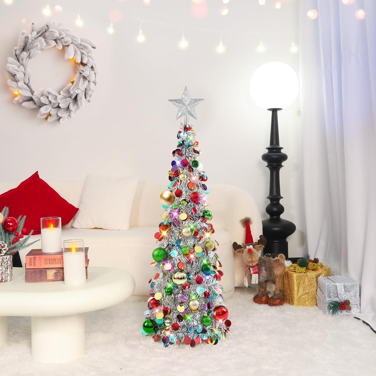 Pop up Christmas Tree with Lights & Ornaments, 3FT, Silver