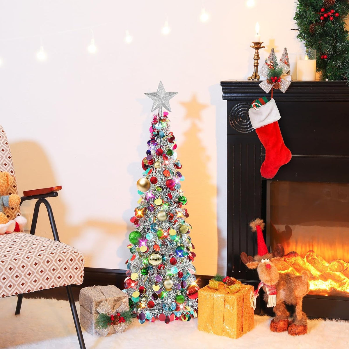 Pop up Christmas Tree with Lights & Ornaments, 3FT, Silver