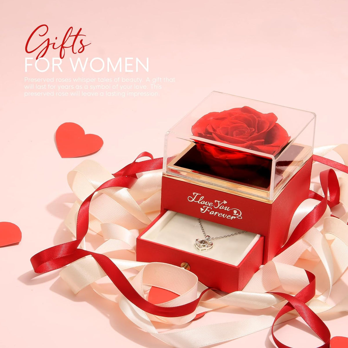 Preserved Real Rose with Heart Necklace -I Love You Forever Eternal Rose for Her, Mothers Day Flowers Gifts for Mom, Wife, Anniversary or Birthday Gifts for Women, Red
