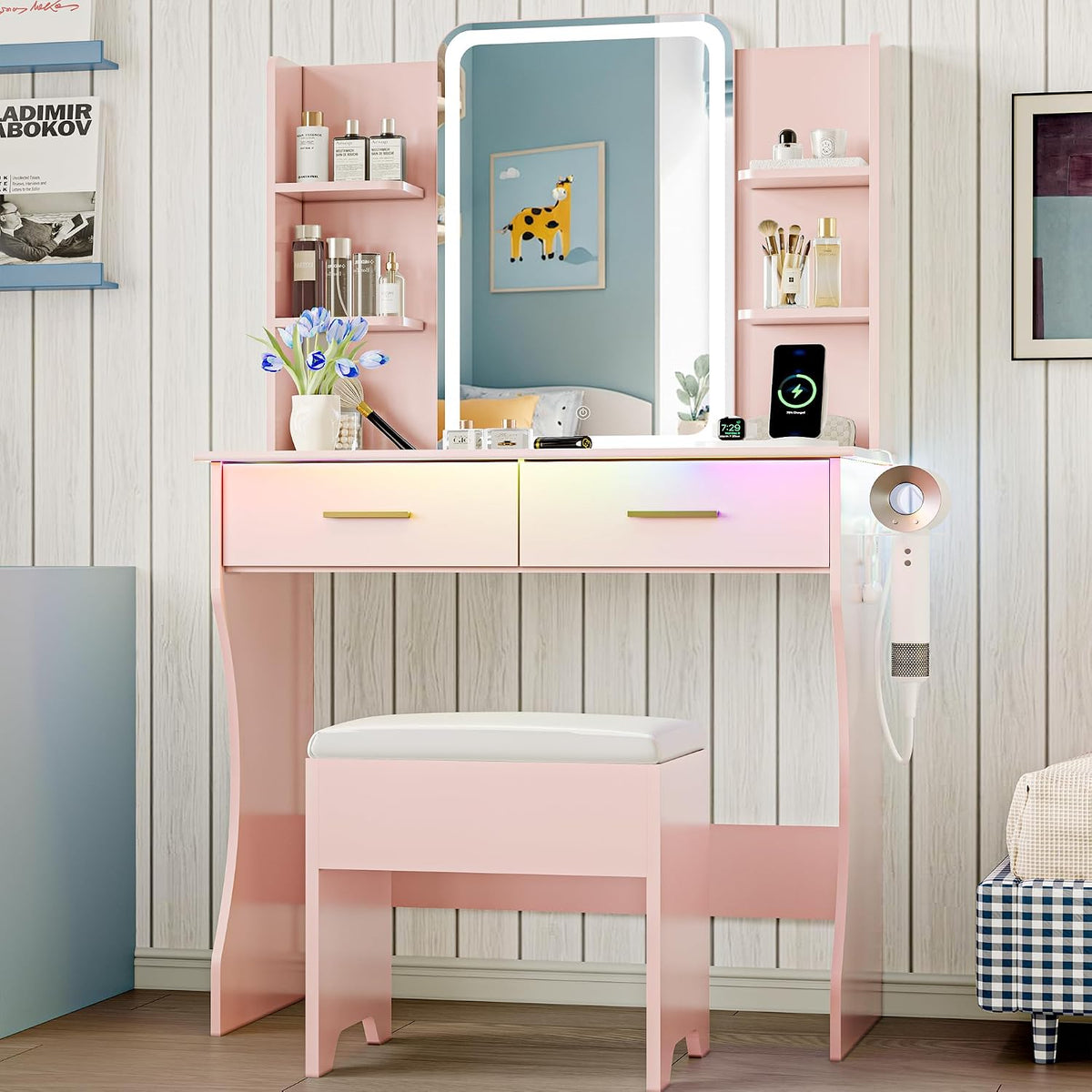 Vanity Desk with LED Lights Mirror & Power Outlet, Small Makeup Vanity Table Set with Storage Drawers & Chair, 3 Lighting Modes & Adjustable Brightness, Dressing Table for Women Girls Bedroom, Pink
