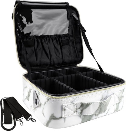 Travel Makeup Bag 10.4 Inches Portable Makeup Train Case Cosmetic Bag Organizer with Adjustable Dividers and Shoulder Strap for Cosmetics Brushes Toiletry Jewelry Digital Accessories (Marble)