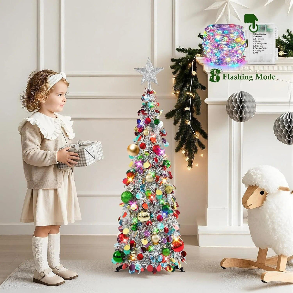 Pop up Christmas Tree with Lights & Ornaments, 3FT, Silver