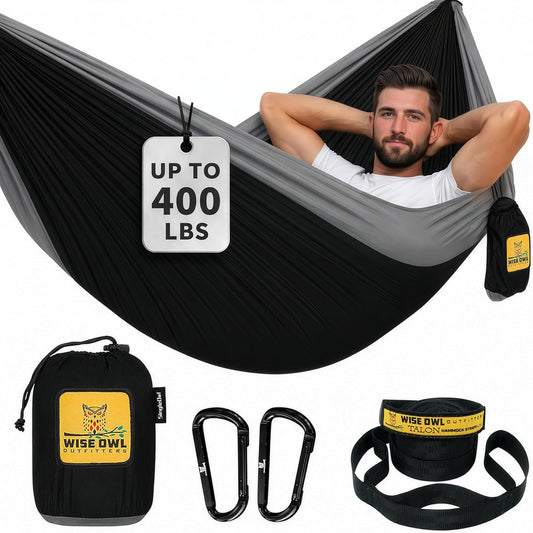 Portable Lightweight Single Hammock for Camping and Outdoor Adventures - Durable Parachute Nylon in Black and Grey