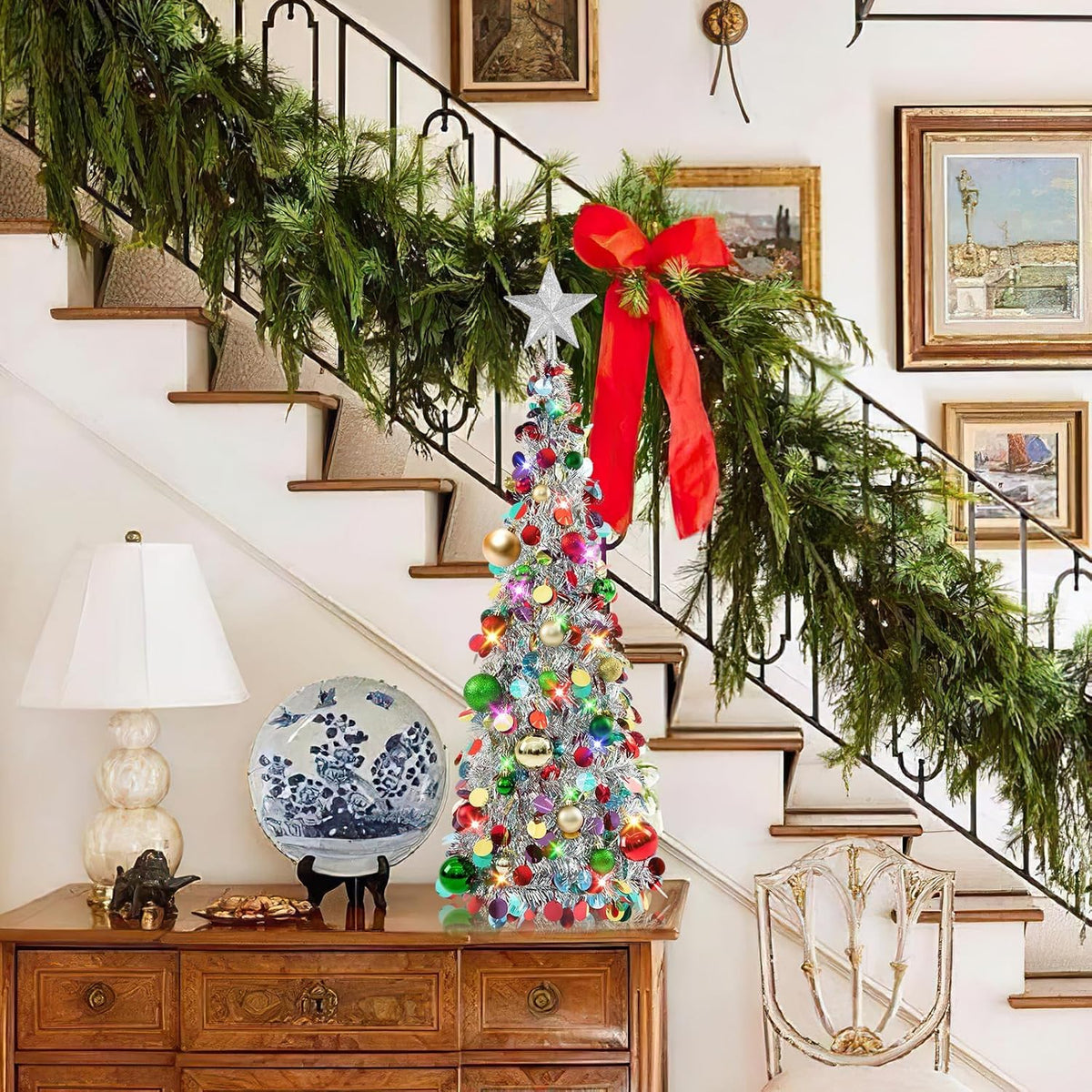 Pop up Christmas Tree with Lights & Ornaments, 3FT, Silver