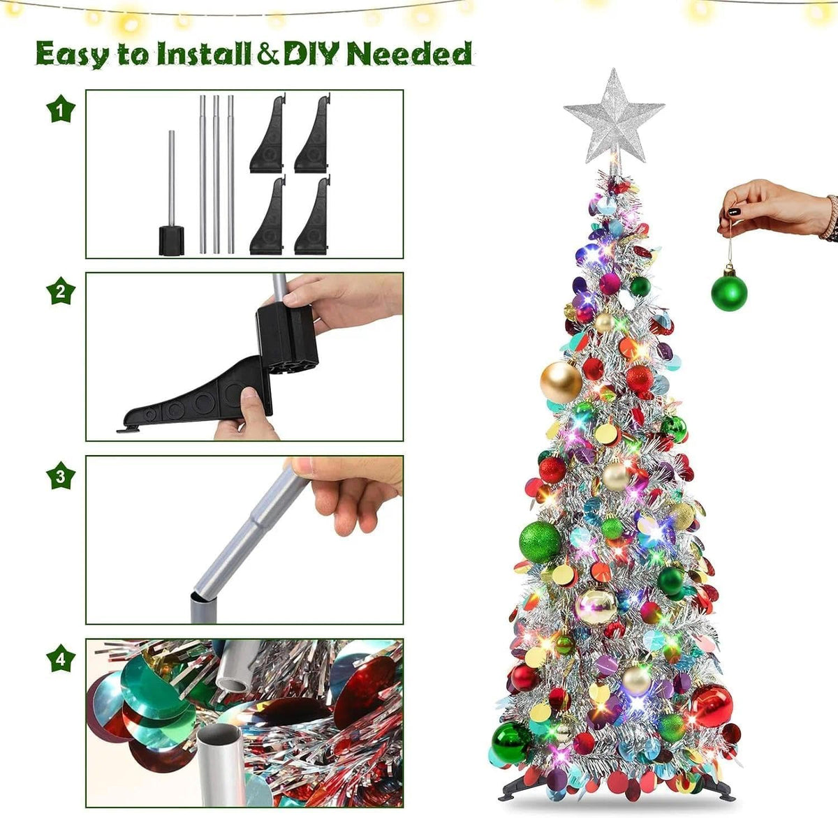 Pop up Christmas Tree with Lights & Ornaments, 3FT, Silver