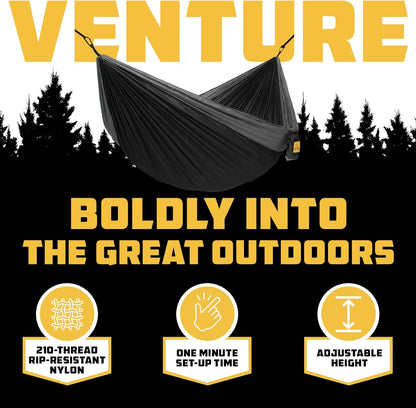 Portable Lightweight Single Hammock for Camping and Outdoor Adventures - Durable Parachute Nylon in Black and Grey